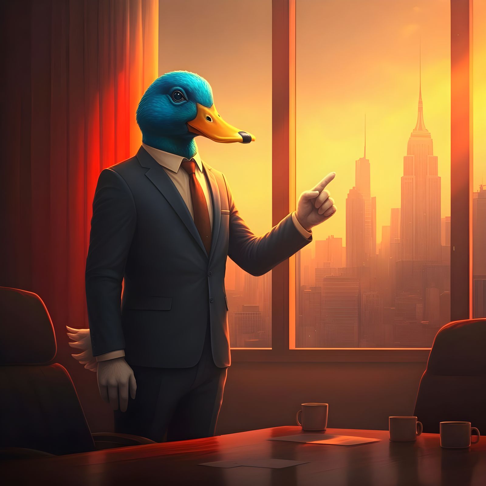 Duck in a Suit Makes a Point in a Hyperrealistic Business Me...