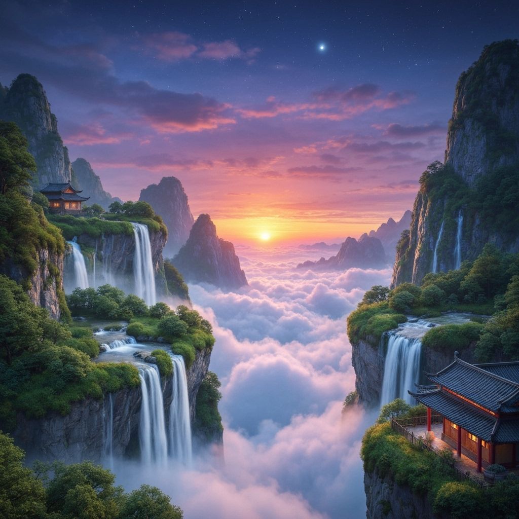 Magical Chinese Landscape Above Clouds at Sunset