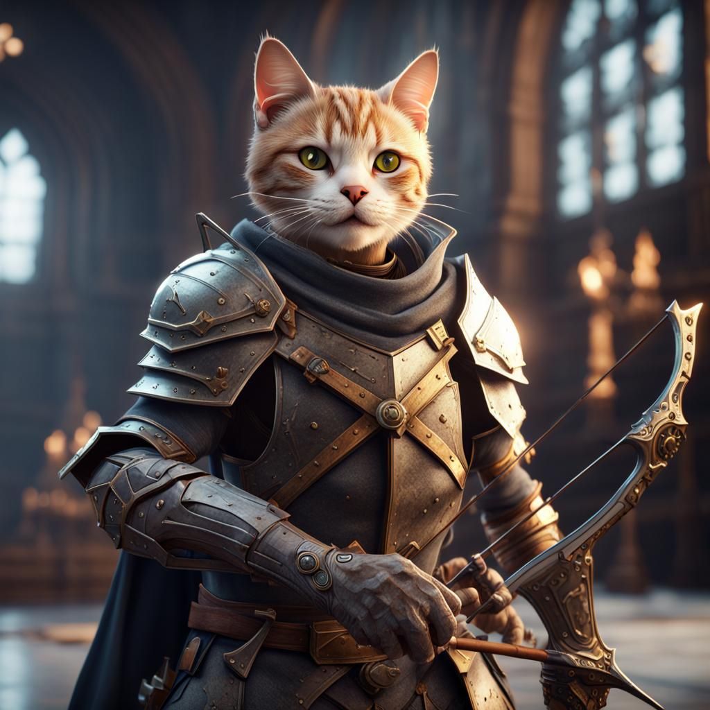Cat Knight with Crossbow in 3D Cinematic Style