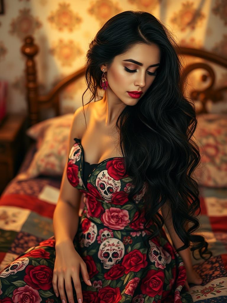 Woman in Sugar Skull Dress, Pre-Raphaelite Portrait