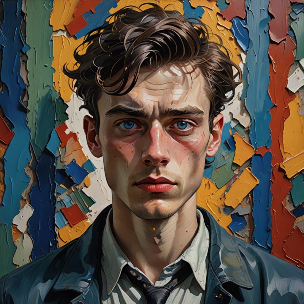 Neo-Expressionist Portrait of a Young Man with Piercing Blue...