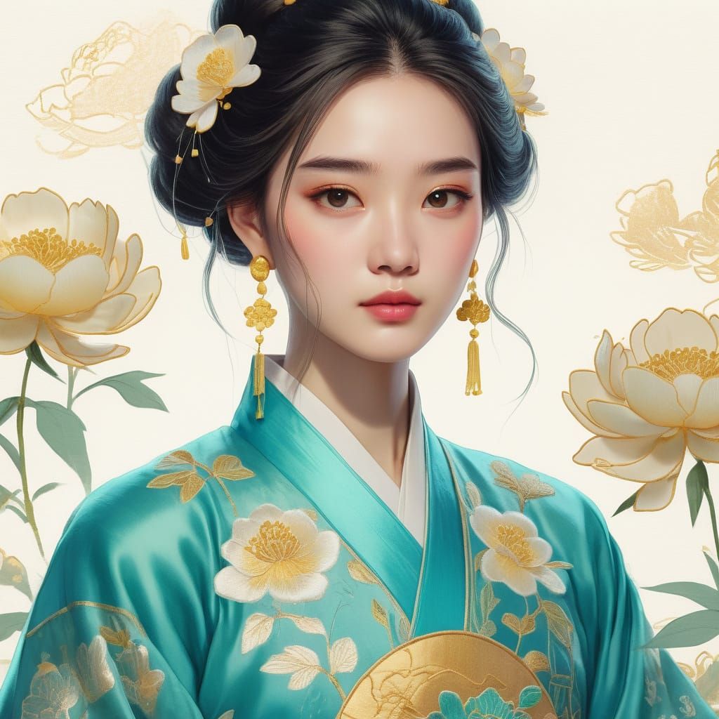 Turquoise Hanfu Lady in Disney Animation Style