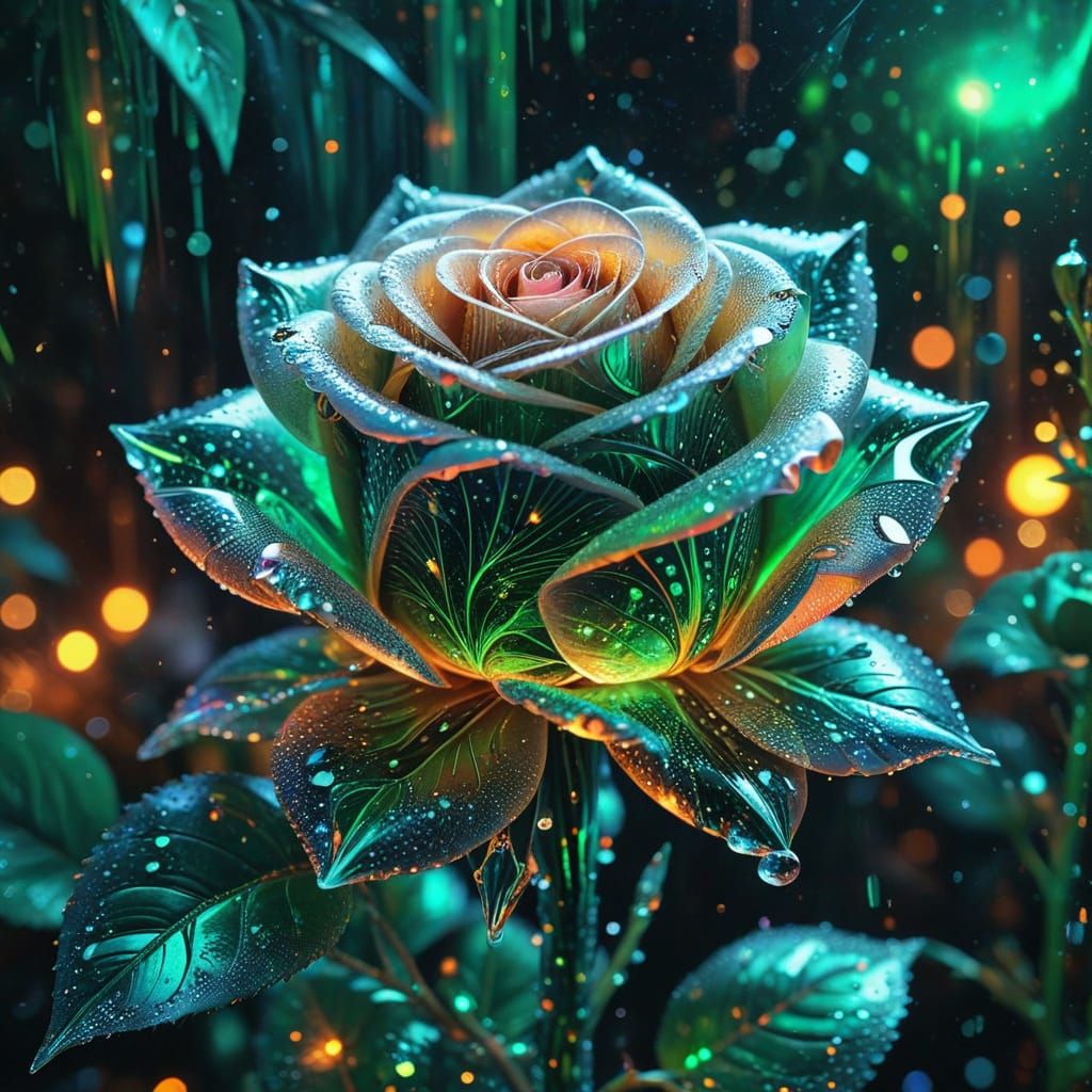 Crystal Rose with Neon Swirls in Art Deco Style