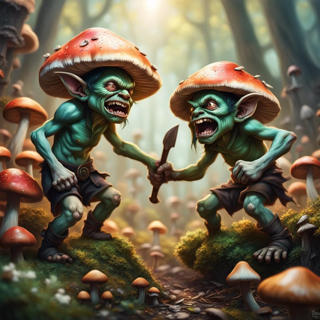 Goblins Fight in a Hyperrealistic Mushroom World