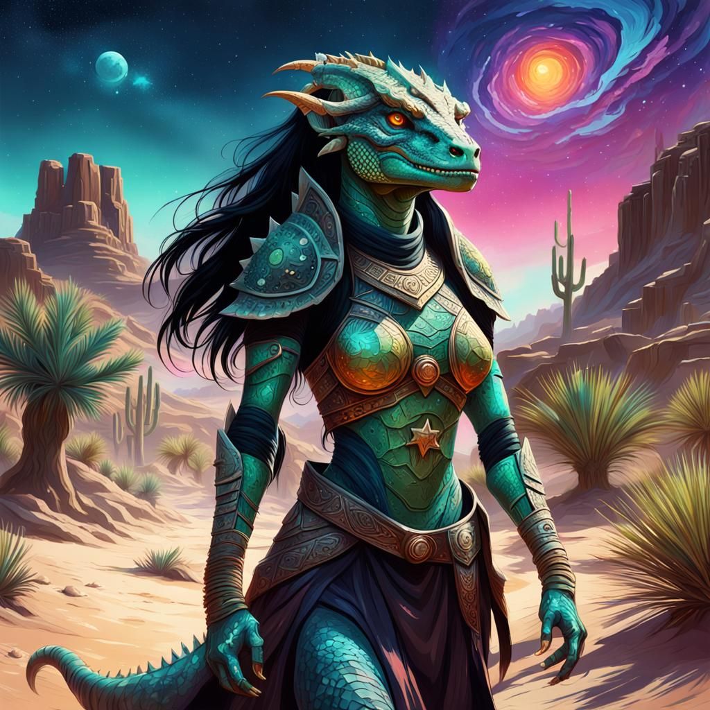 Argonian Woman in Desert Oasis: Graffiti Art