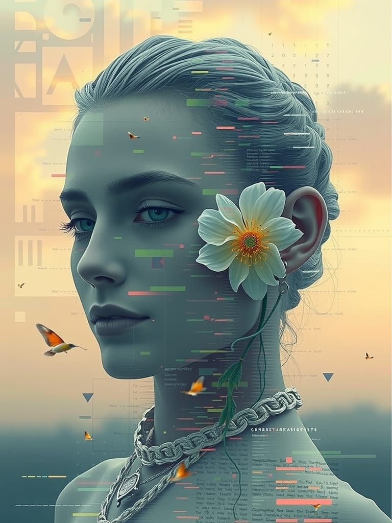 Futuristic Glitch Art Portrait of Woman with Flowers