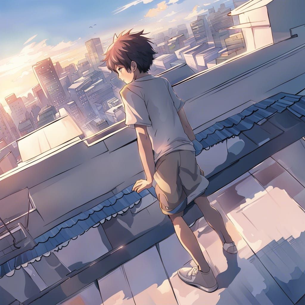 Anime Style: Boy Gazing Over City Rooftop