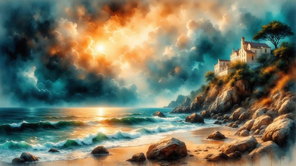 Dramatic Thunderstorm on Italian Coast as Impressionist Pain...