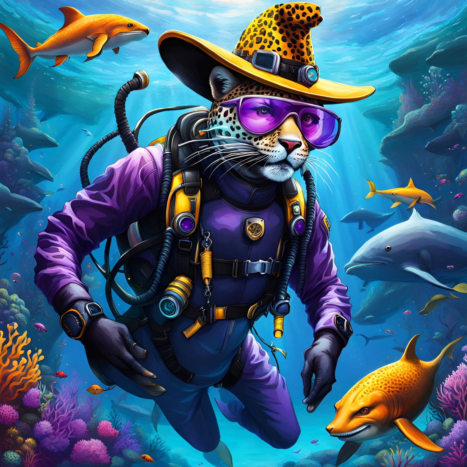 Leopard Humanoid Diving with Whales: Fantasy Art