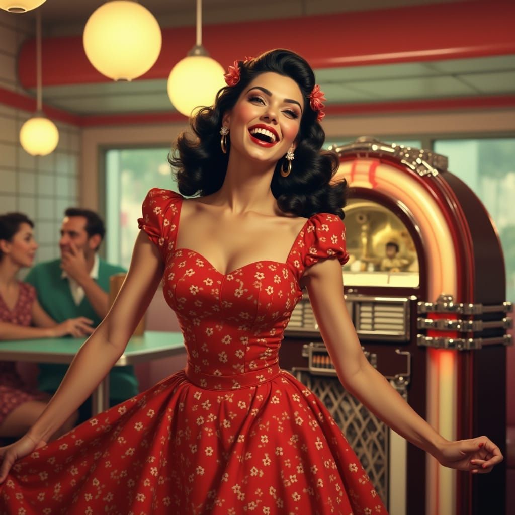 Latina Woman Dancing to Jukebox Music, Pin-Up Style