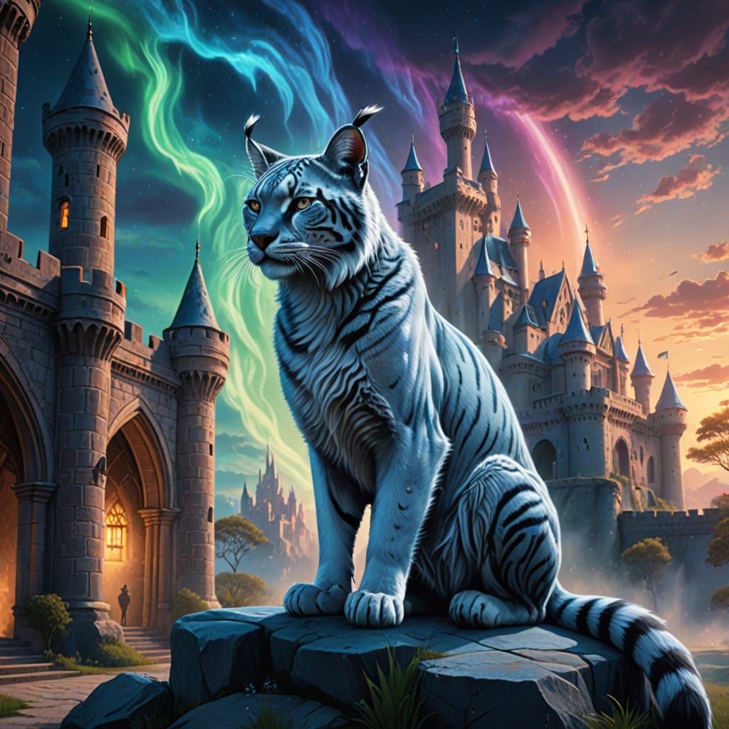 Magical Blue Caracal Cat Cleans Castle with White Tiger