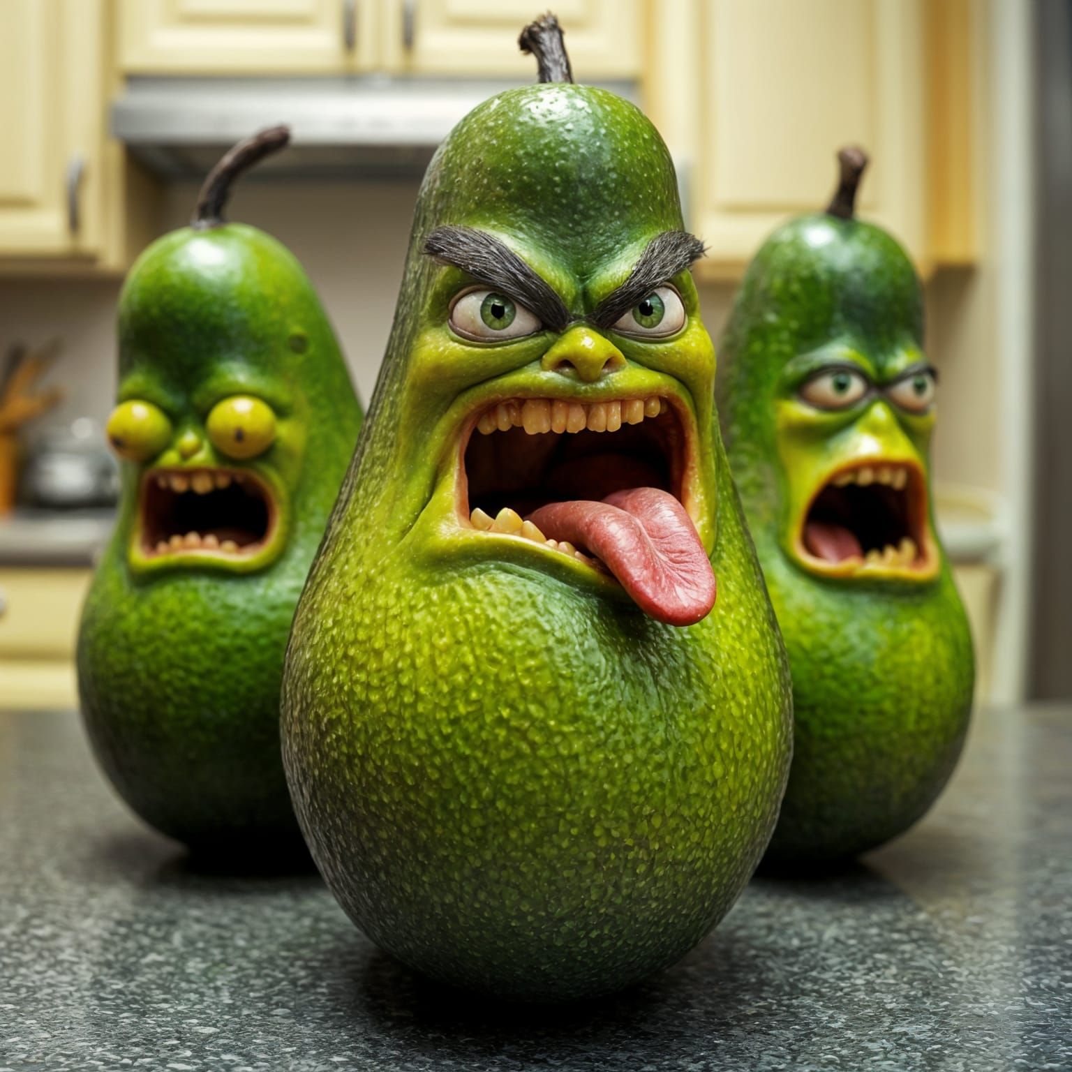 Surrealist Avocados in Kitchen Chaos