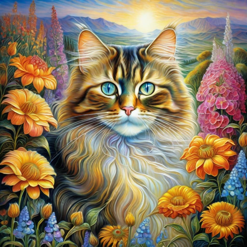 Fluffy Cat in Flower Garden, Detailed Oil Painting