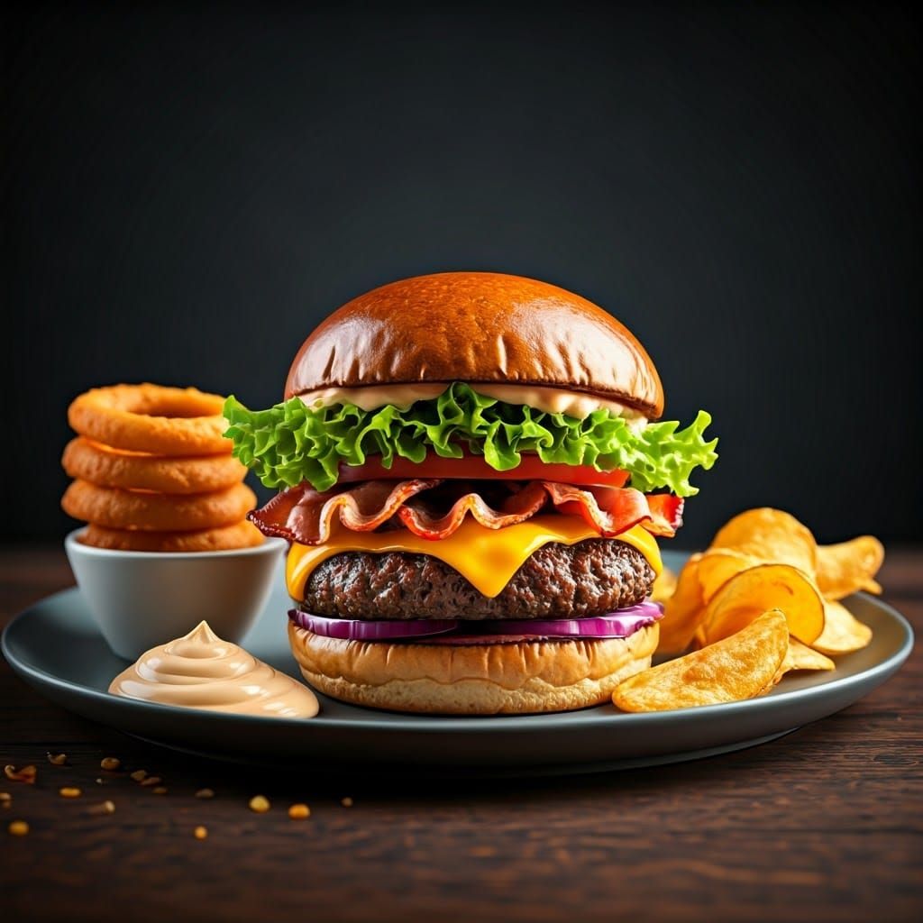 Hamburger with Bacon, Chips, and Onion Rings