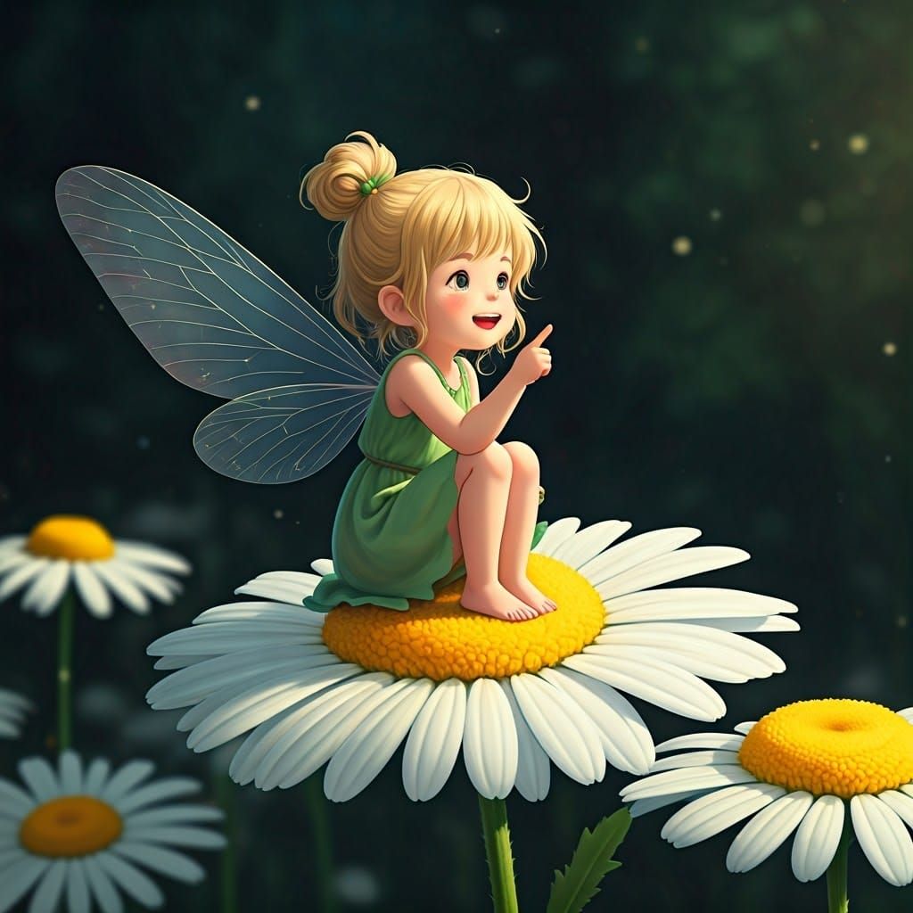 Cute Fairy on Daisy Flower in Anime Style