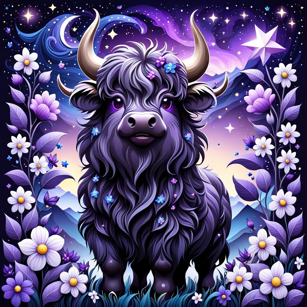 Chibi Highland Cow under Starry Night