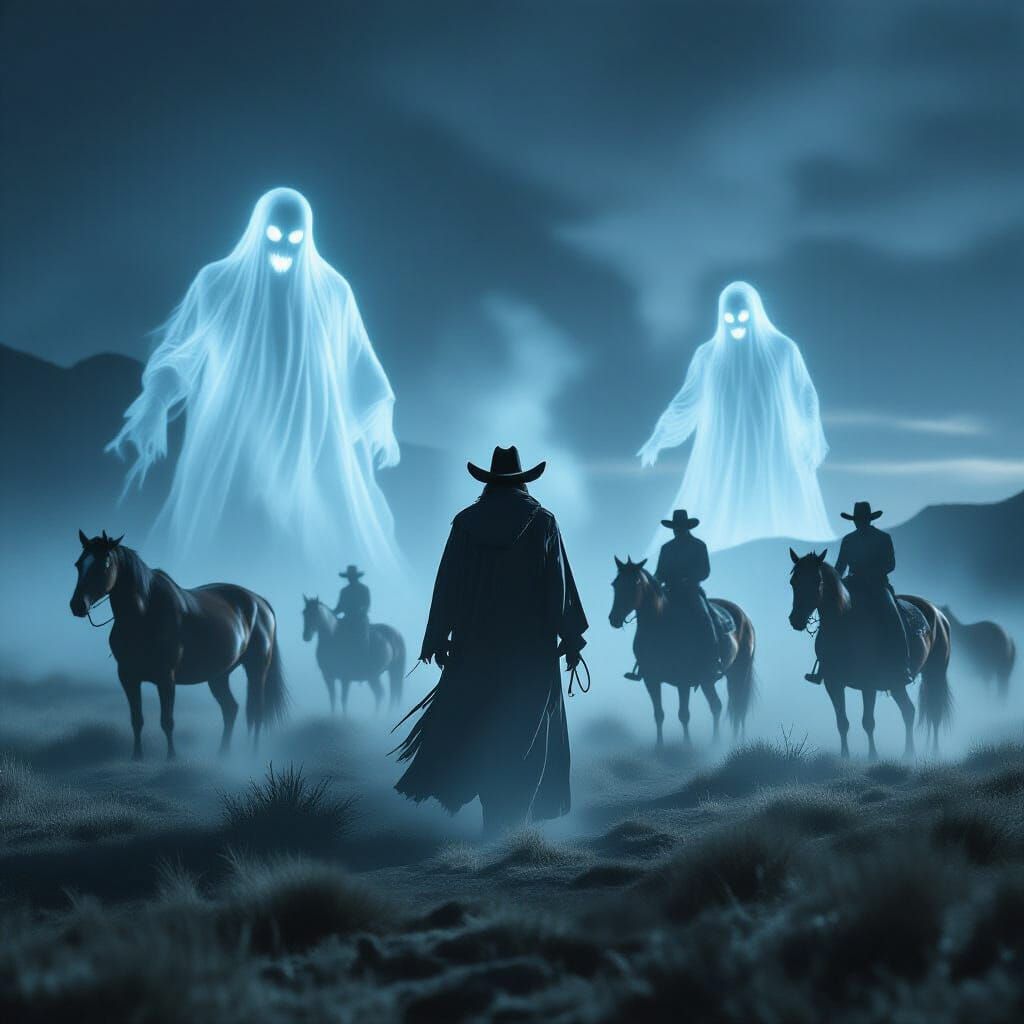 Ghost Cowboys Herd Haunted Livestock Under Eerie Sky