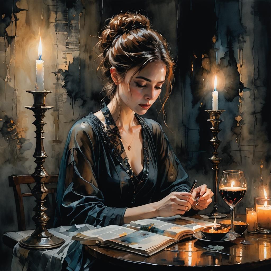 Woman Reading by Candlelight in Surreal Style