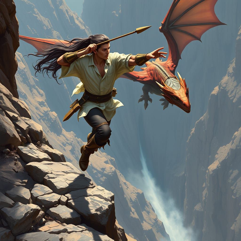 Half-Elf Javelin Attack on Dragon in Canyon
