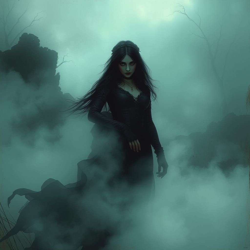 Eerie Gothic Woman in Mist, Dark Fantasy Illustration
