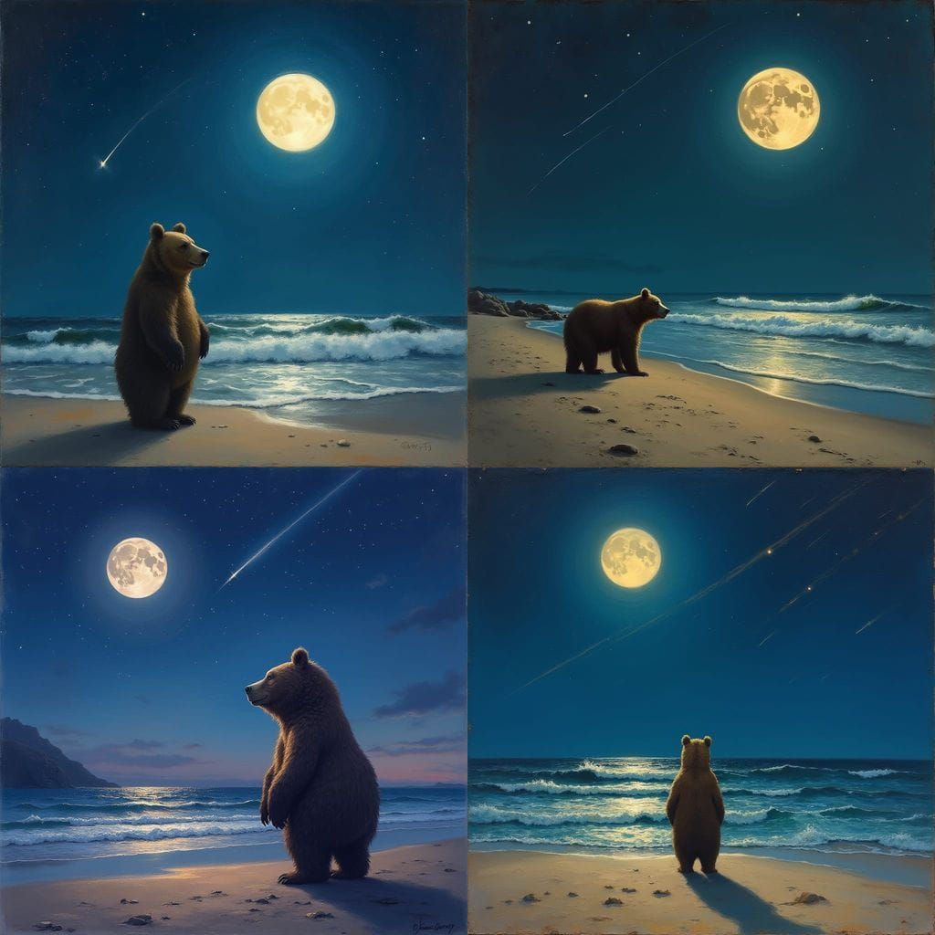 Bear Under Full Moon on Beach with Shooting Star - Oil Paint...
