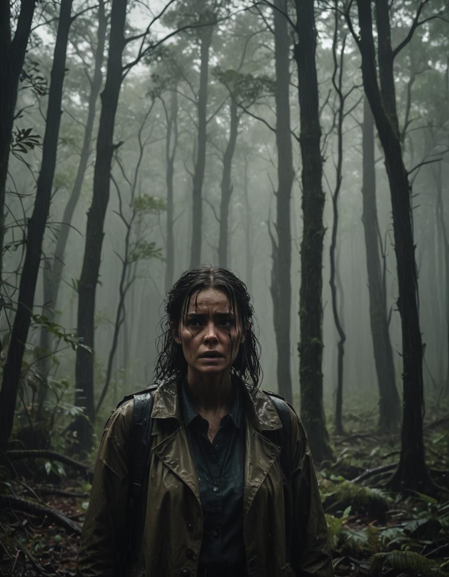 Terrified Woman in Rainy Forest, Cinematic Film Still