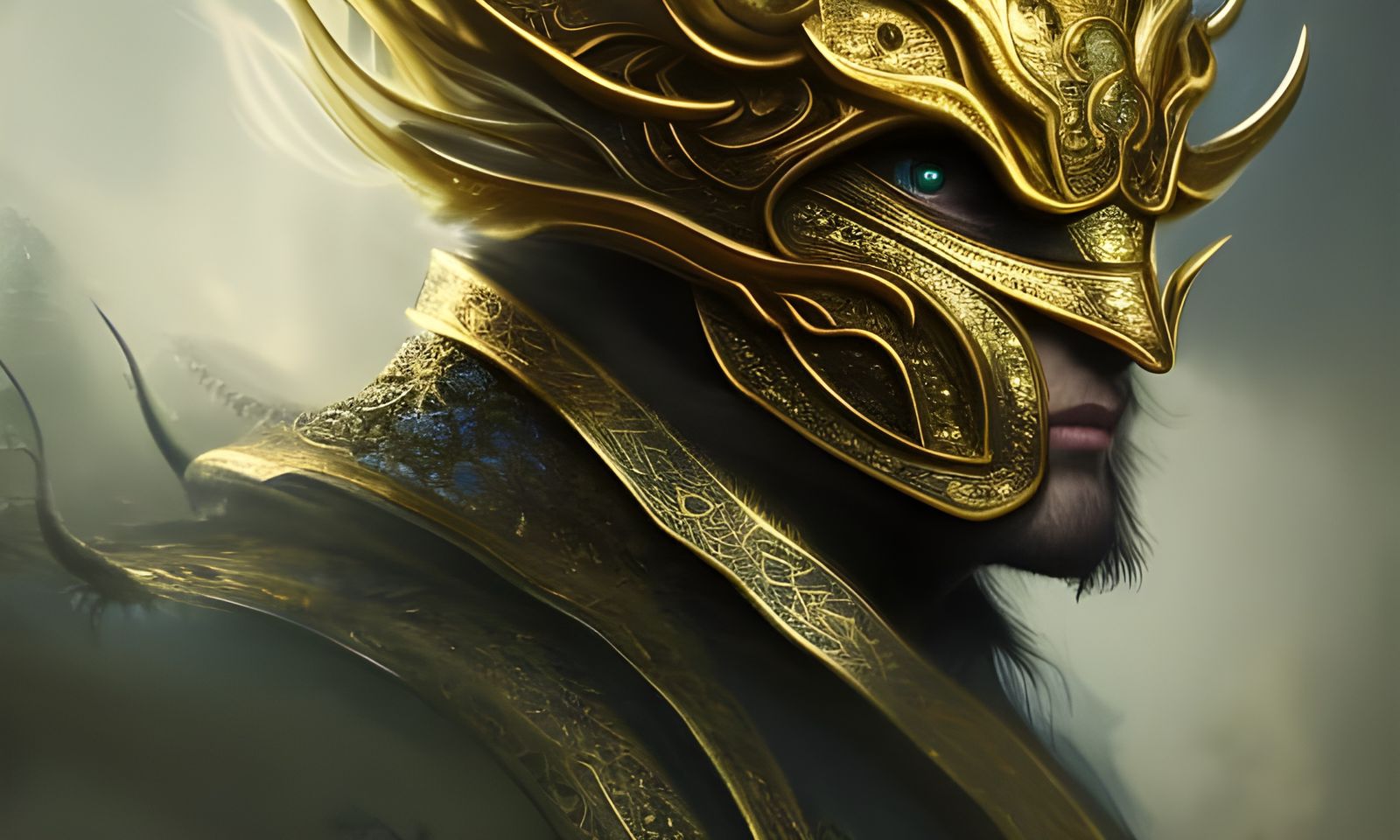 Golden Armored Warrior in Dragon Helmet
