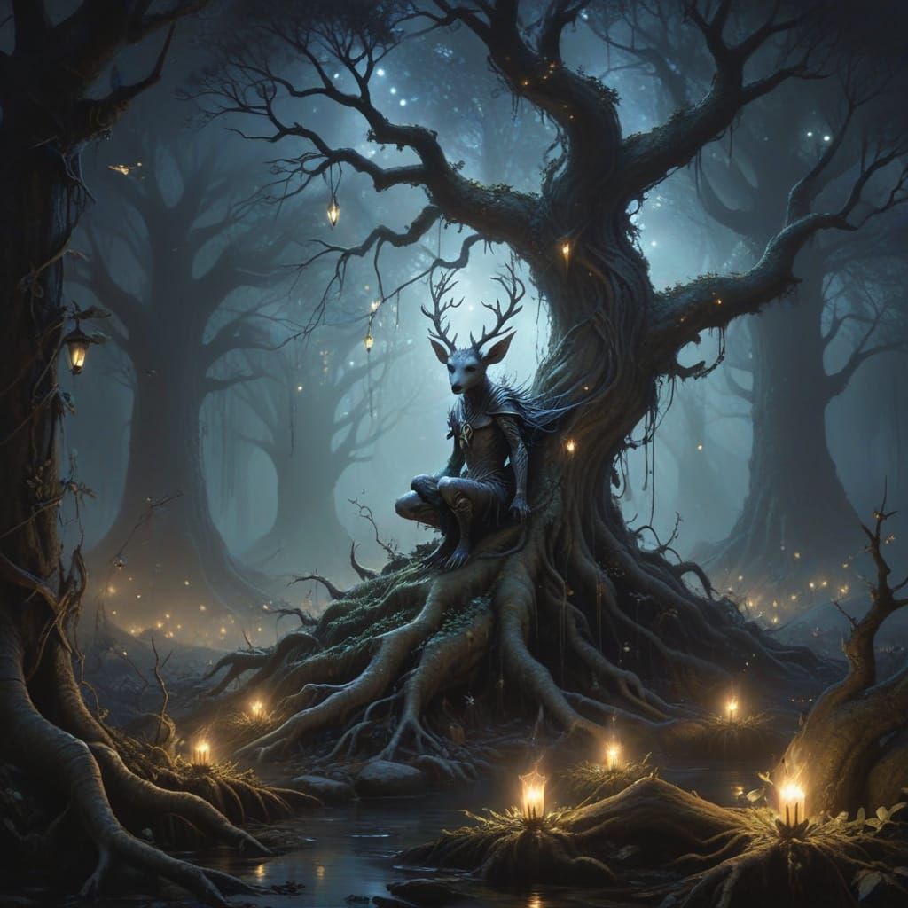 An enormous mystical tree with magic, wild fey,  chibi  neko fey creatures and wisps of arcane energies, weird and wild,...