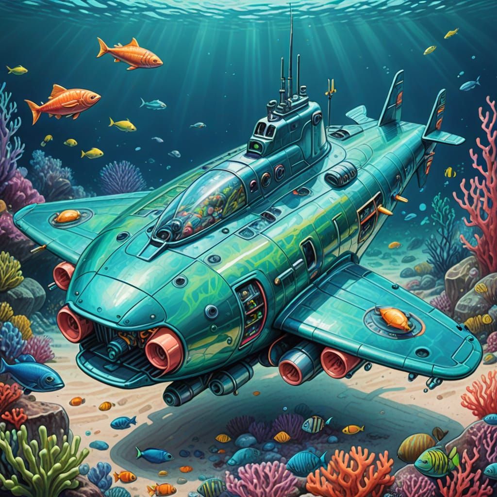 Futuristic Submarine Sports Car in Colored Pencil Style