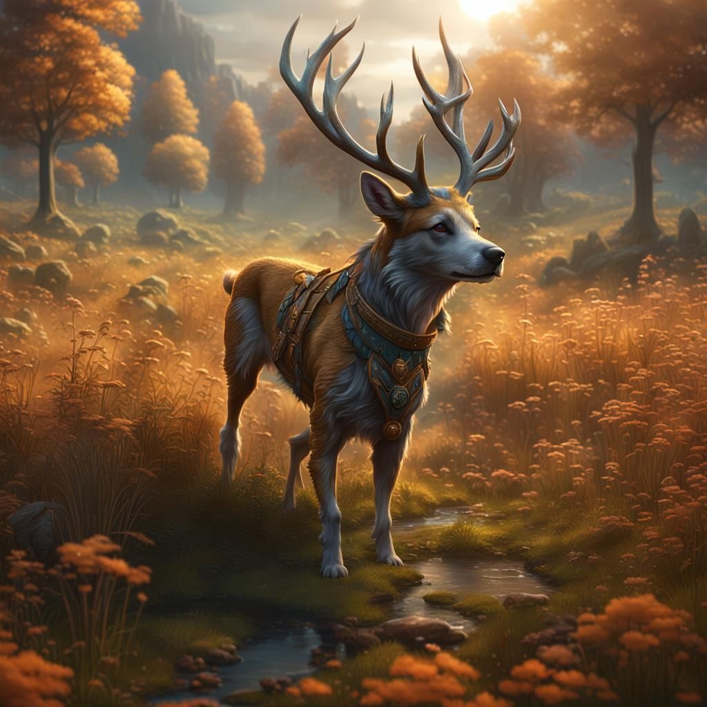 Dog and Deer at Sunset: Detailed Matte Painting