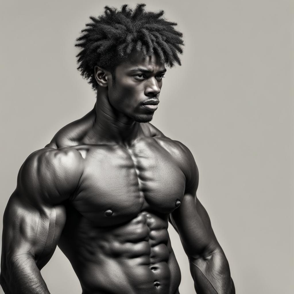 Young Black Man with Afro and Muscular Physique