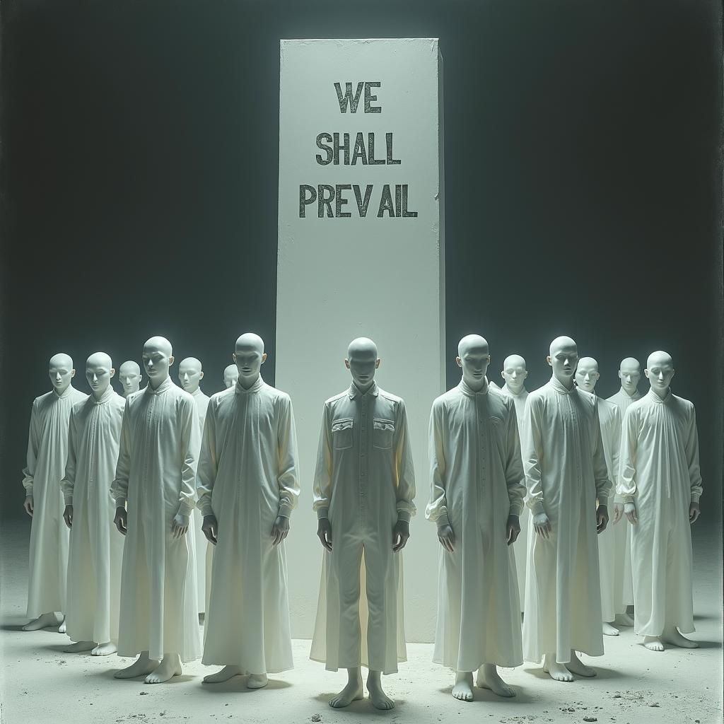 Dystopian Figures Gather Around Monolith in Monochromatic Pa...