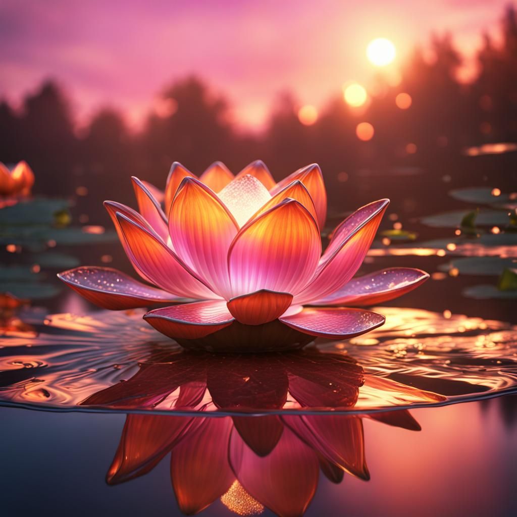 Glowing Glass Lotus Flower at Sunset
