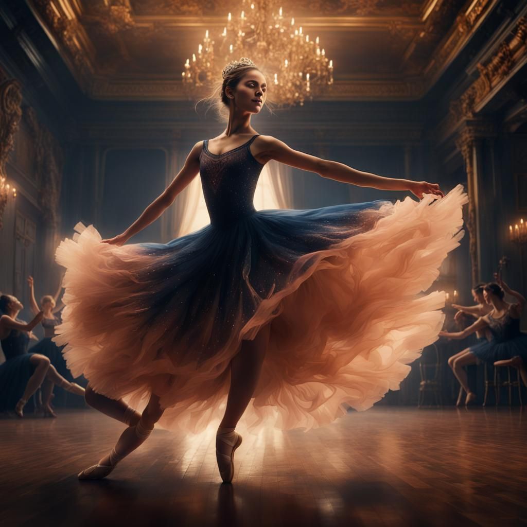 Joyful Ballerina Princess in Dramatic Cinematic Painting