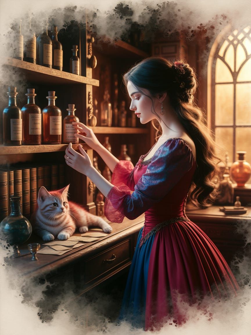Woman Arranging Potions with Kitten in Alchemist Study