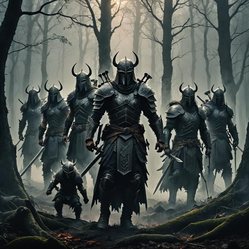 Dark Fantasy Warriors Confront Shadowy Figure