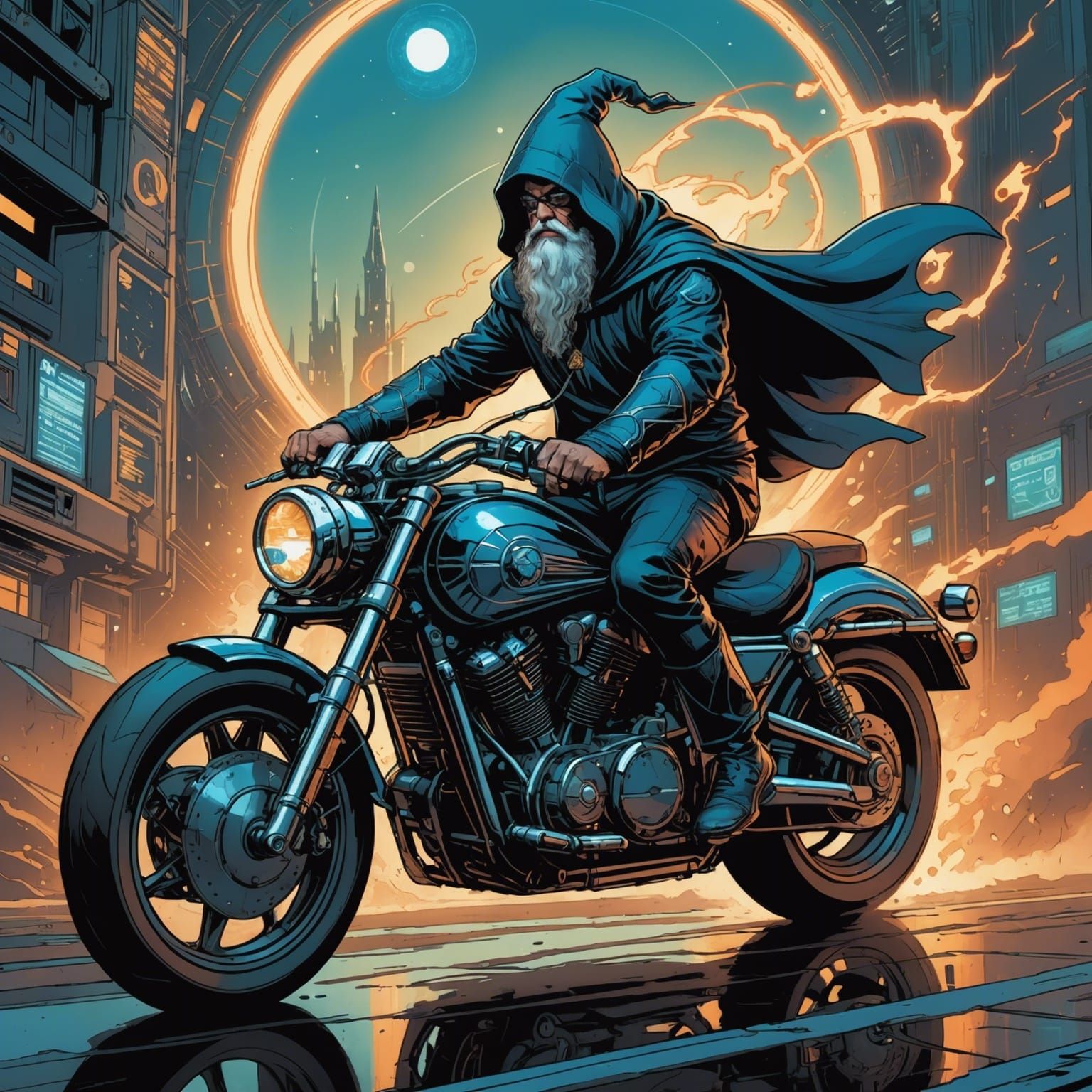 A wizard riding a futuristic motorcycle.
