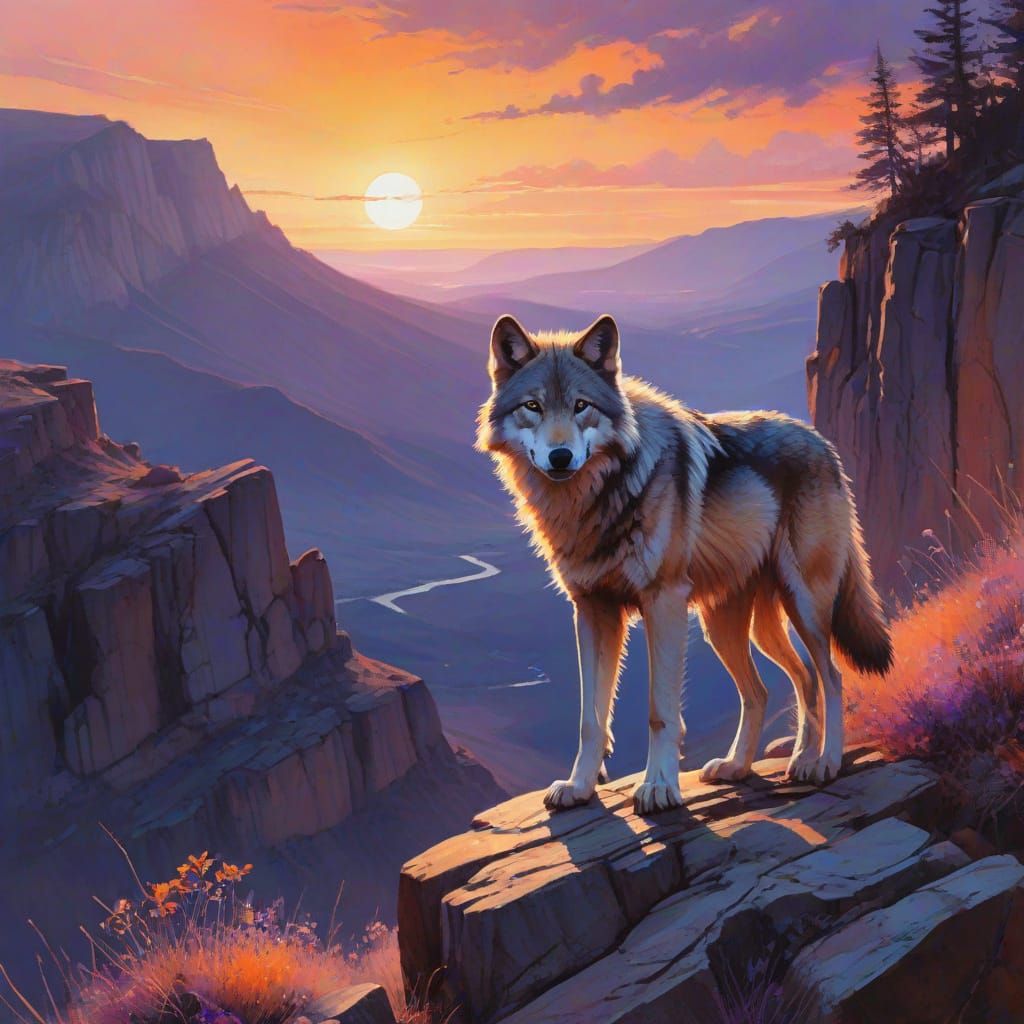 Wolf on Cliffside, Sunset Landscape in Watercolour Style