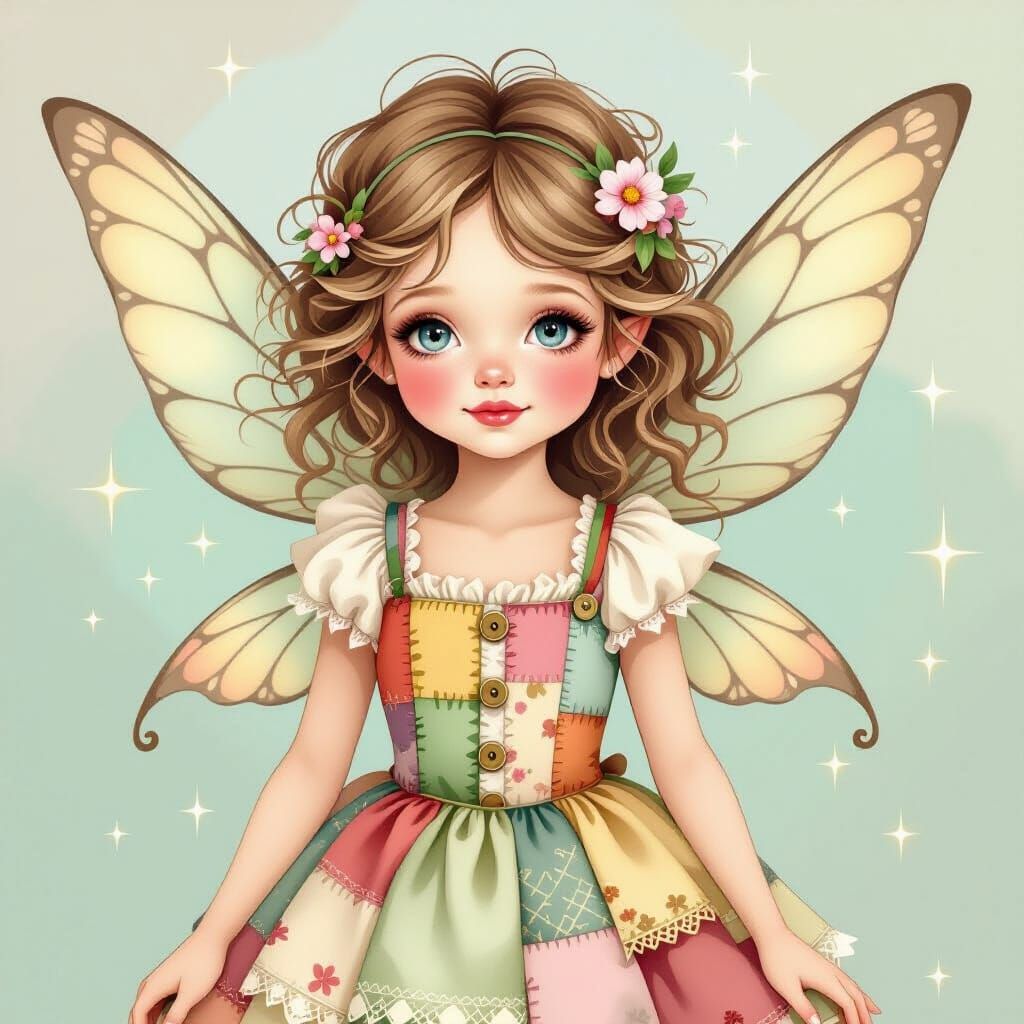 Shabby Chic Fairy with Delicate Wings in Pastel Dreamscape