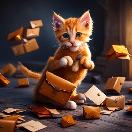 Orange Kitten Biting Mail in Detailed Matte Painting