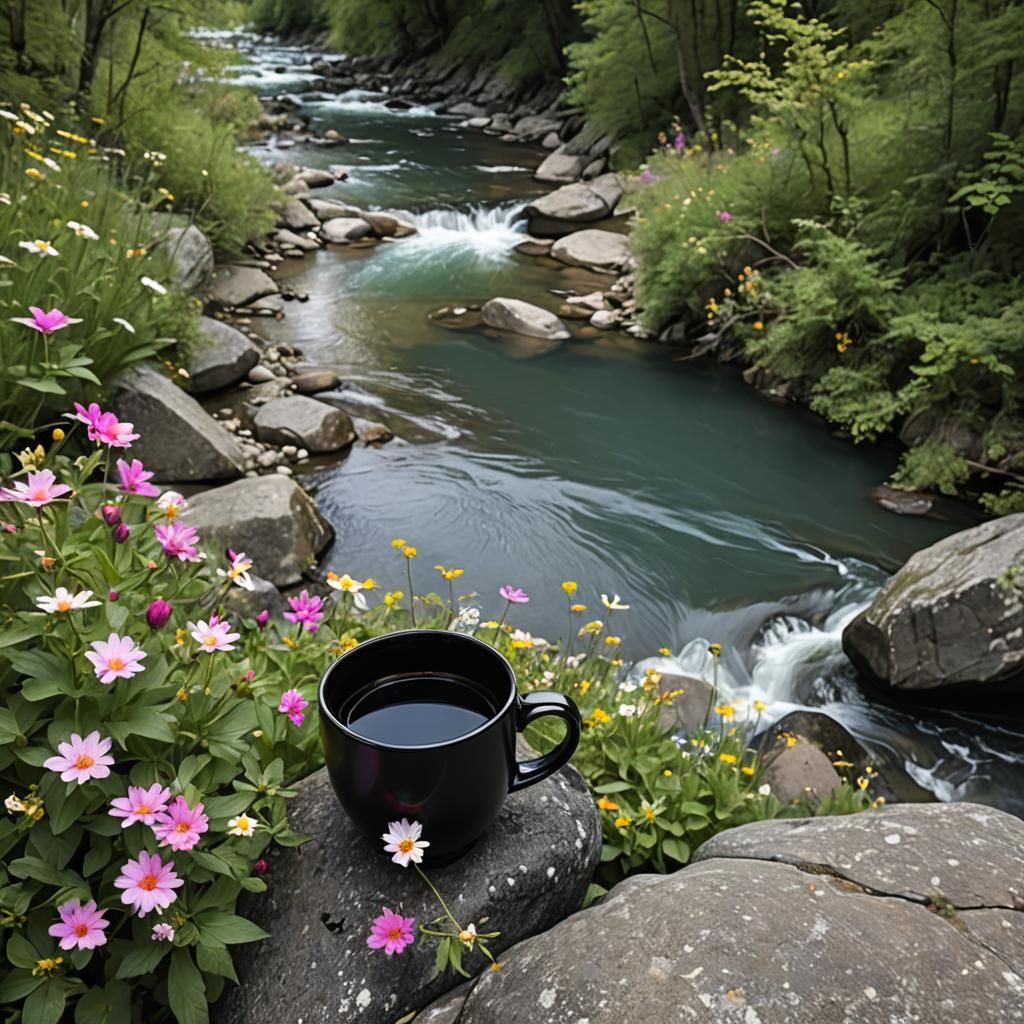Black Cup Near River with Flowers and Trees