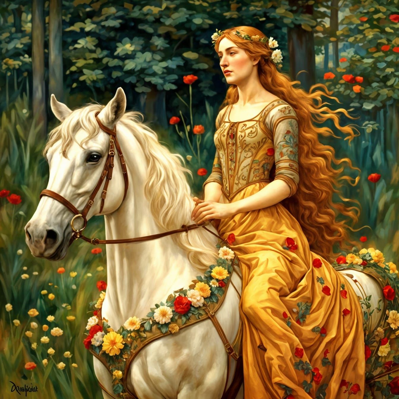 Lady Godiva Riding a Floral Avalanche in Medieval Style