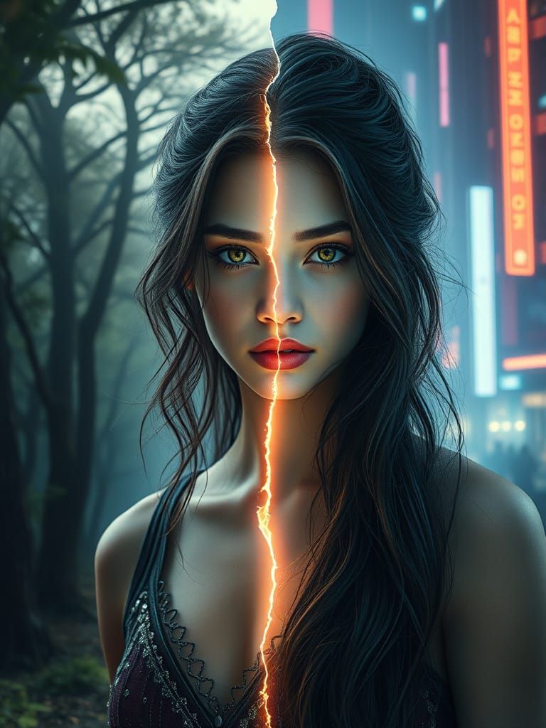 Female Split Between Forest and Neon City