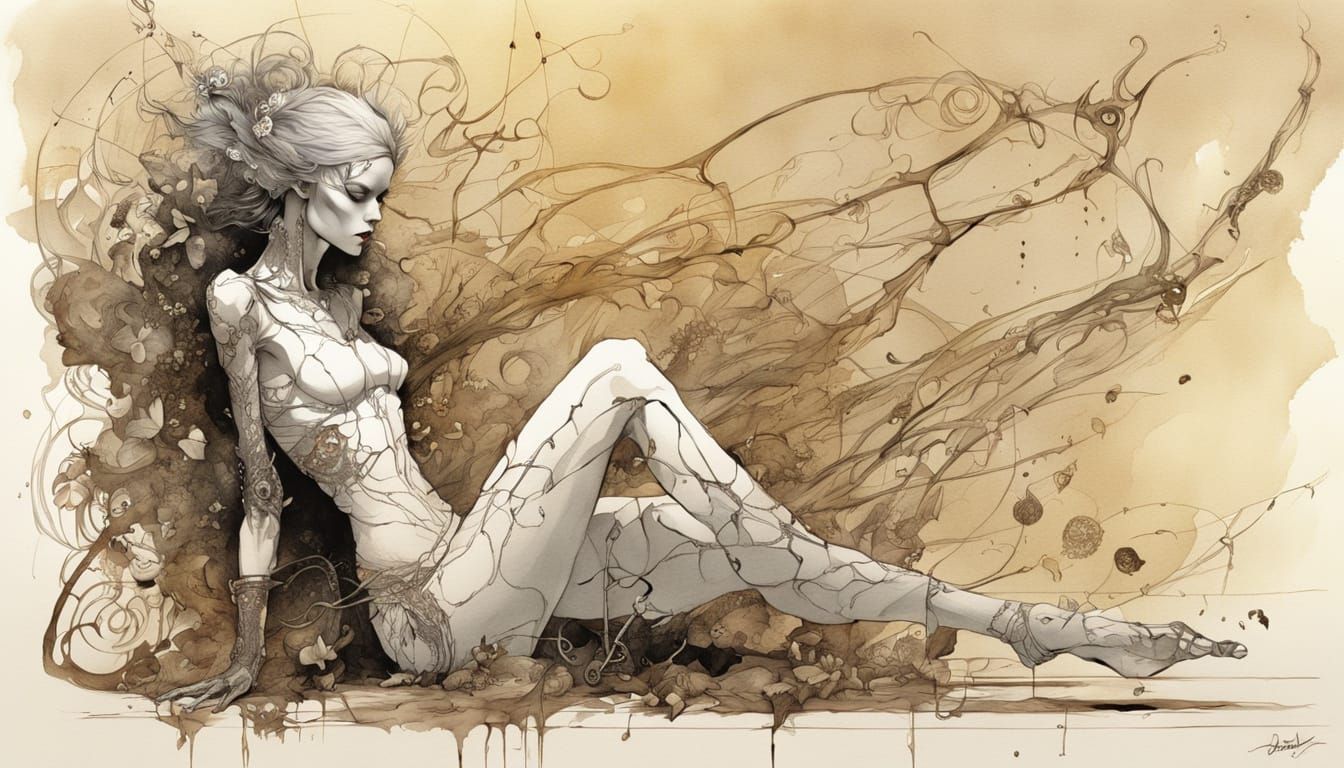 Vegetal Faery Pin-Up in Sepia, Gold, and Ruby Tones