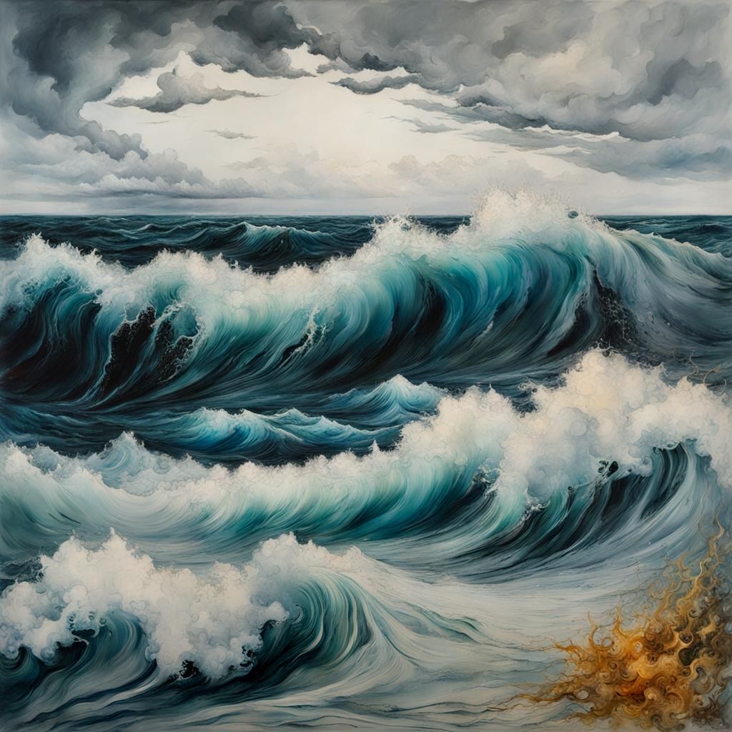 Encaustic Stormy Sea with Enormous Waves