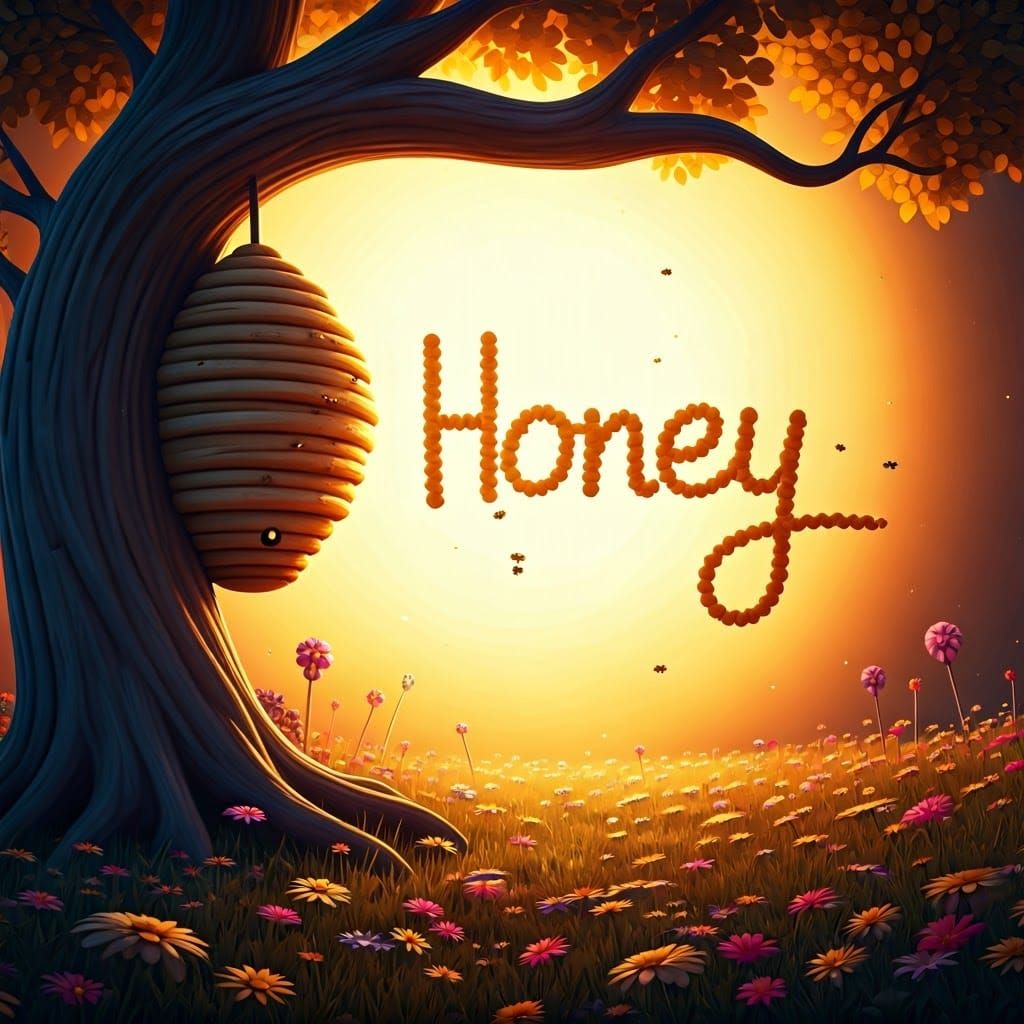 Honey Beehive in Field of Flowers: Digital Illustration