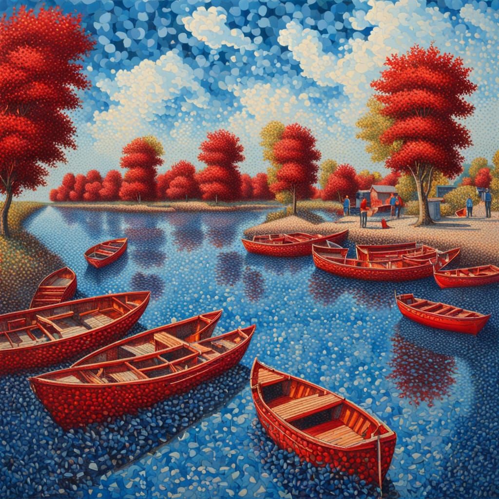 Pointillist Summer Riverscape with Red Boats in a Vortex Col...