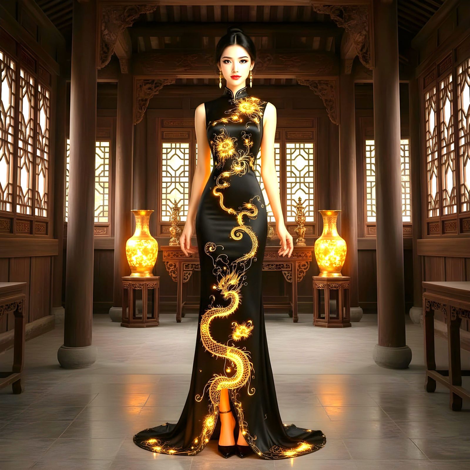 East Asian Woman in Glowing Dragon Qipao