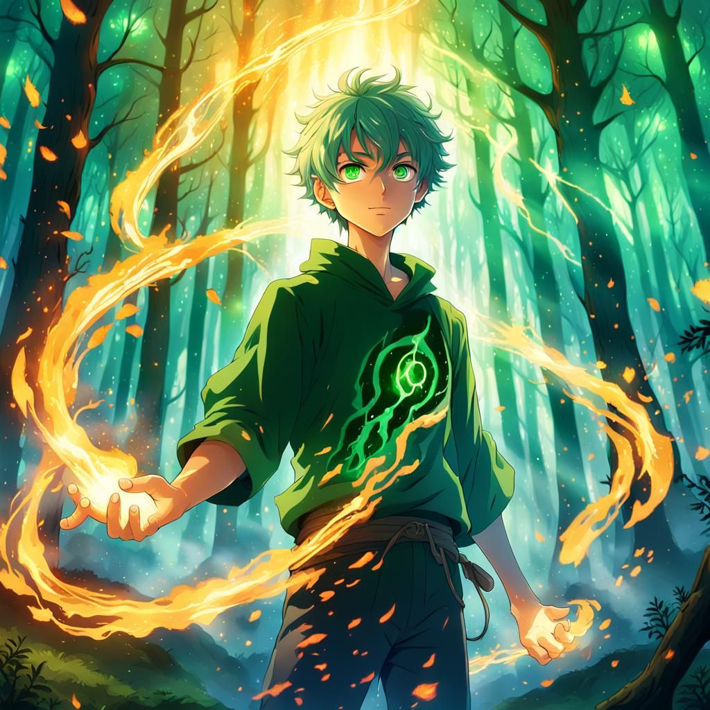 Powerful Anime Boy with Green Magic Fire