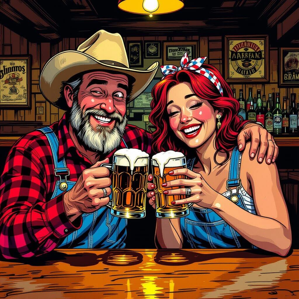 Funny Hillbilly Couple at Dive Bar in Comic Style